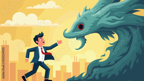 Small Businessman Competing Against Large Corporations with Determination
