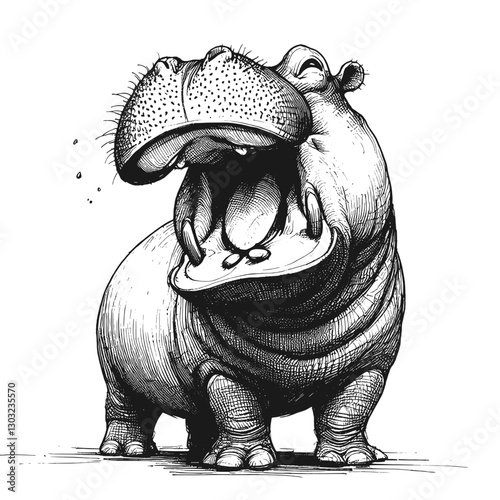 Hippo laugh line art drawing ink sketch vector hand drawn illustration background the funny side of nature animals who laugh