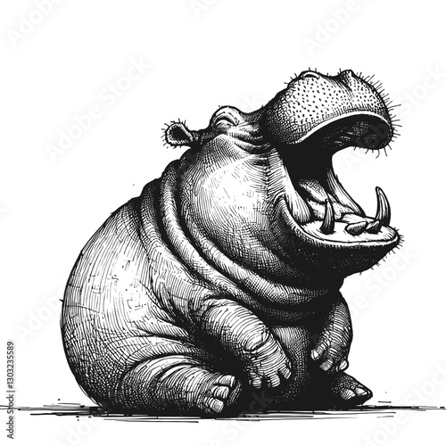 Hippo laugh line art drawing ink sketch vector hand drawn illustration background laughing beasts humor in the animal kingdom