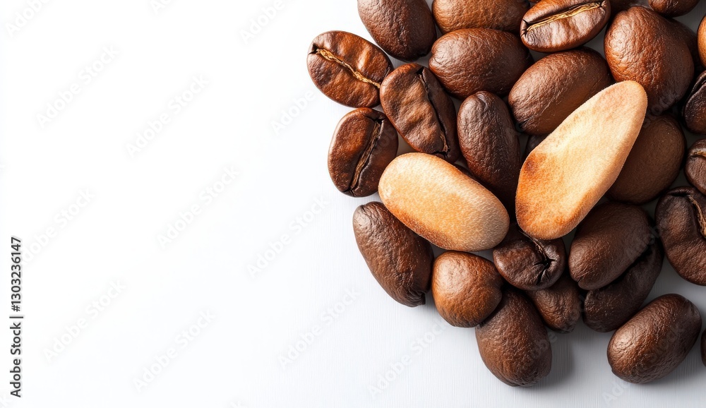 Naklejka premium Freshly Roasted Coffee Beans and Lightly Roasted Nuts on a White Background Perfect for Food Photography