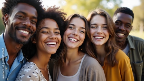 Group of real multiracial teenagers having fun together and posing for a portrait. Young friends smiling and laughing. Multiethnic people bonding outside with positive and friendly expression