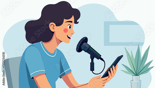 Woman Recording Audio Podcast with Mobile App and Microphone