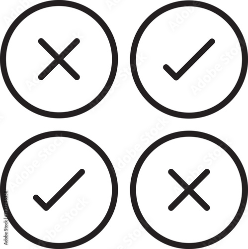 Check marks and crosses in a grid layout line icon