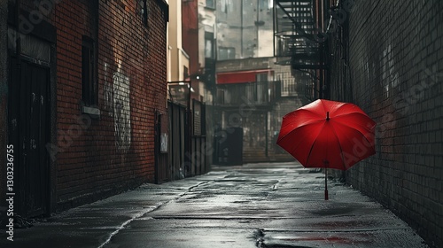 A quiet, empty alley with a single red umbrella resting against the wall