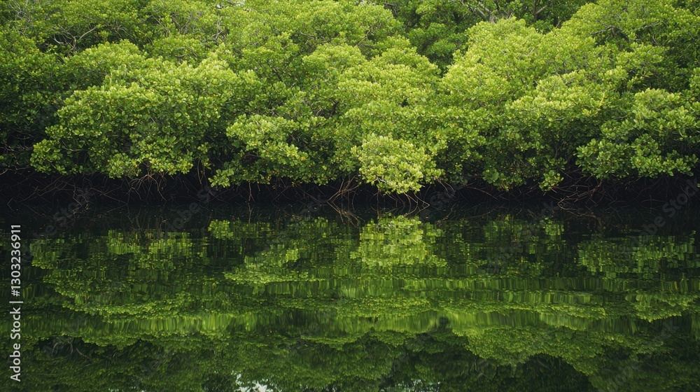 Dense mangrove trees line a serene waterway, their vibrant green foliage mirrored on the still water surface under bright daylight, creating a peaceful natural scene Dense mangrove trees line a serene waterway, their vibrant green foliage mirrored on the still water surface under bright daylight, creating a peaceful natural scene