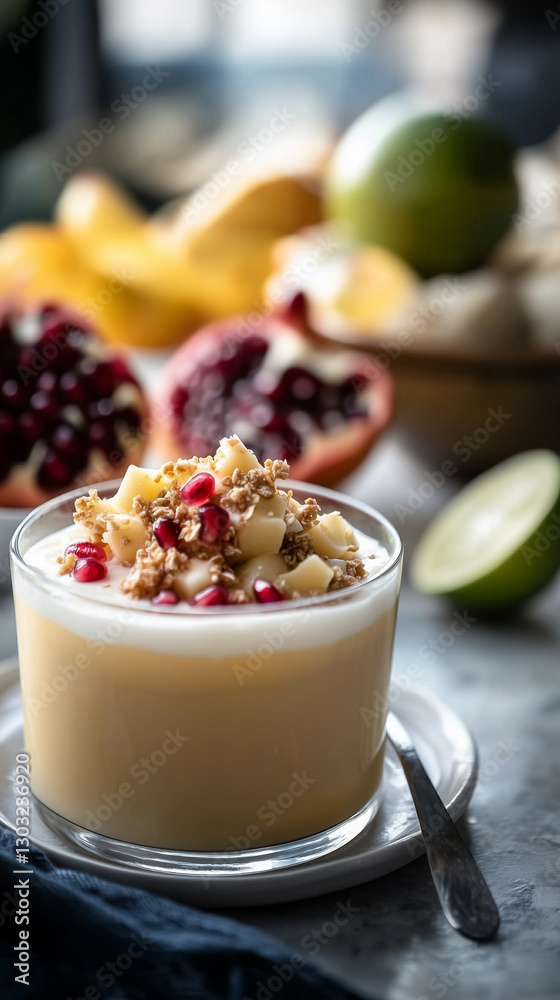 Papaya mousse with lime cream, garnished with pomegranate seeds Papaya mousse with lime cream, garnished with pomegranate seeds