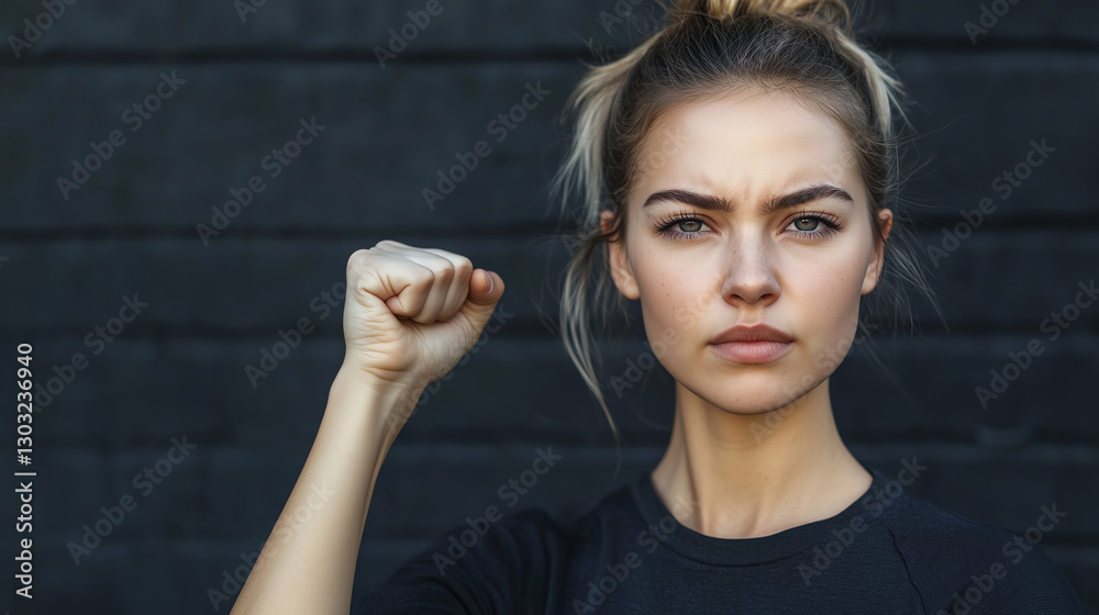 Obraz premium Woman rising clenched fist up - strong and powerful protection and fight gesture - woman rights concept