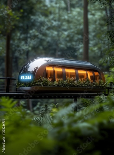 Modern futuristic pod accommodation nestled among lush green trees in serene forest environment