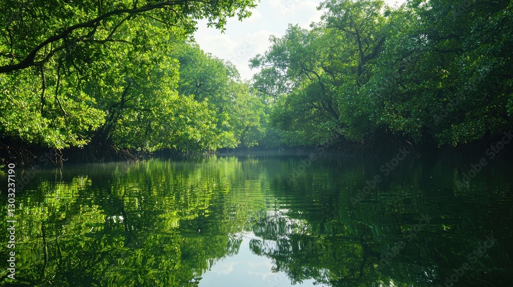 A serene mangrove forest with dense greenery surrounds tranquil waters. Sunlight breaks through branches, creating playful reflections in the water A serene mangrove forest with dense greenery surrounds tranquil waters. Sunlight breaks through branches, creating playful reflections in the water