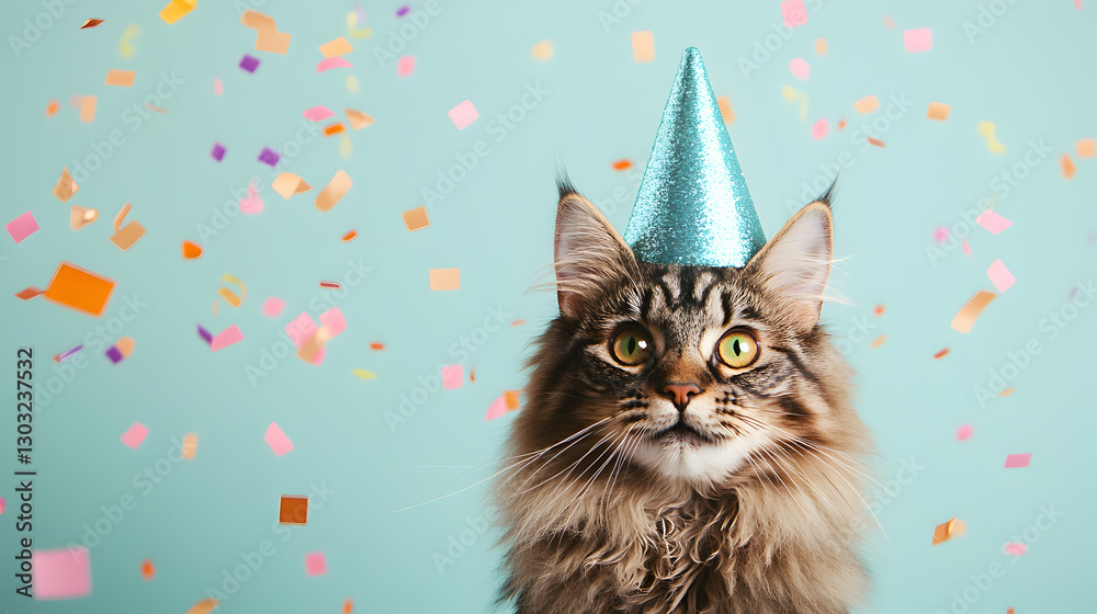 Adorable Maine Coon cat donning a festive blue birthday hat surrounded by celebratory confetti Adorable Maine Coon cat donning a festive blue birthday hat surrounded by celebratory confetti