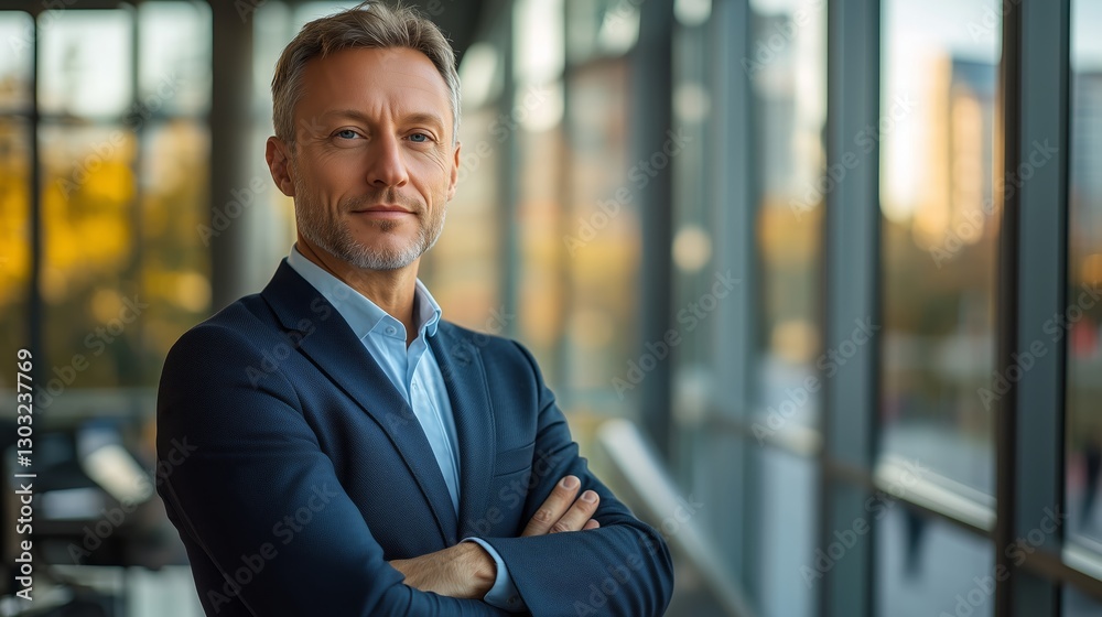 Confident Businessman Posing Near Large Windows in Corporate Office Confident Businessman Posing Near Large Windows in Corporate Office