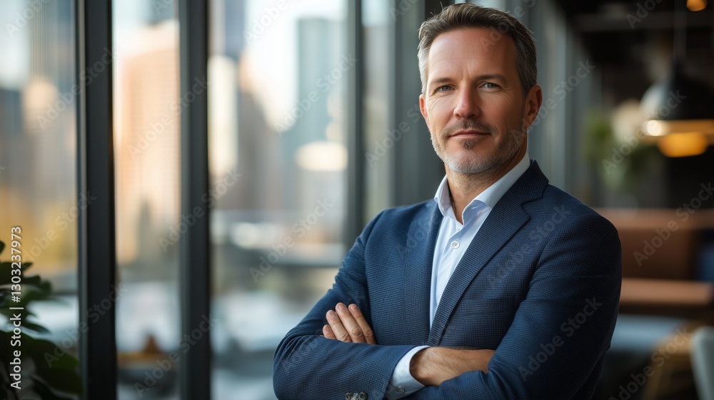 Confident Businessman Standing in Modern Office with City View Confident Businessman Standing in Modern Office with City View