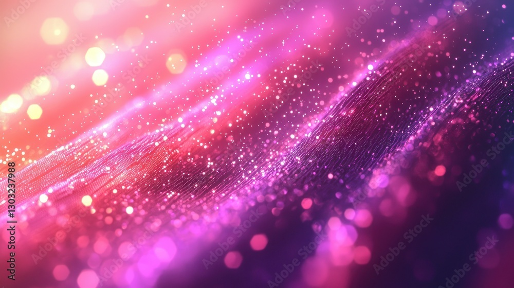 Fototapeta premium Abstract digital artwork; pink, purple, and orange glowing lines with bokeh, sparkling effect
