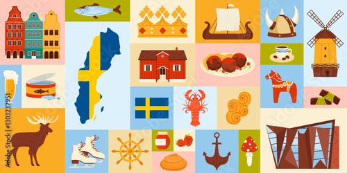A detailed collage capturing Sweden culture, landmarks, and traditions. Features the Swedish flag, traditional food, Viking heritage, Dala horse, and iconic landmarks, vector illustration.