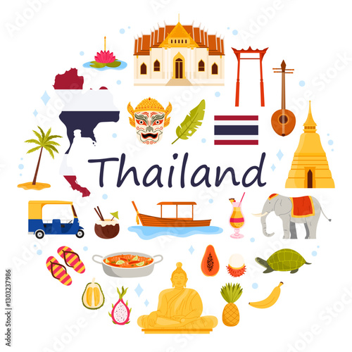 Travel to Thailand, culture elements and landmarks, tourism symbols and food in round infographic banner with title. ancient pagoda and temple, Tom Yam and beach palm tree cartoon vector illustration