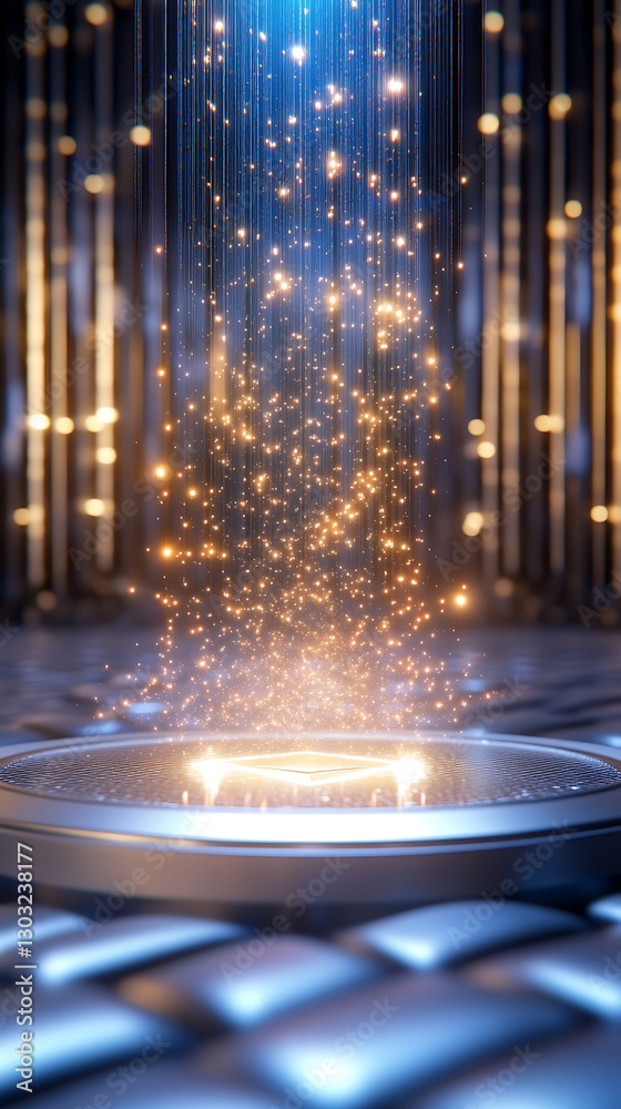 Obraz premium Enchanting Sparkles Emerge from Circular Platform in Mystical Futuristic Environment