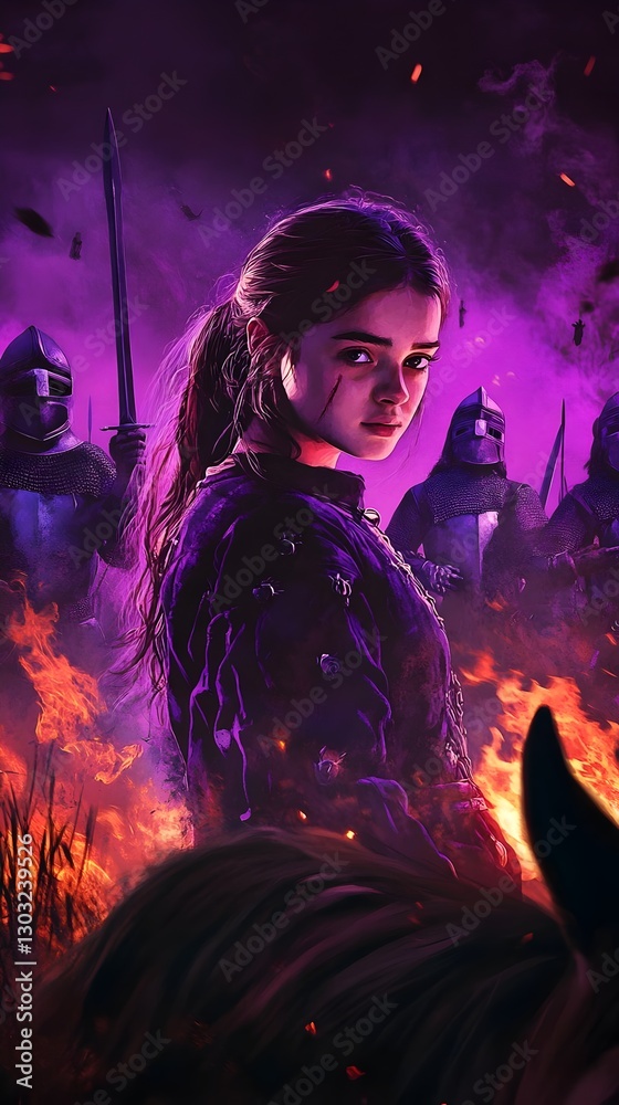 Fantasy movie poster with midevil knights fire and main character Fantasy movie poster with midevil knights fire and main character