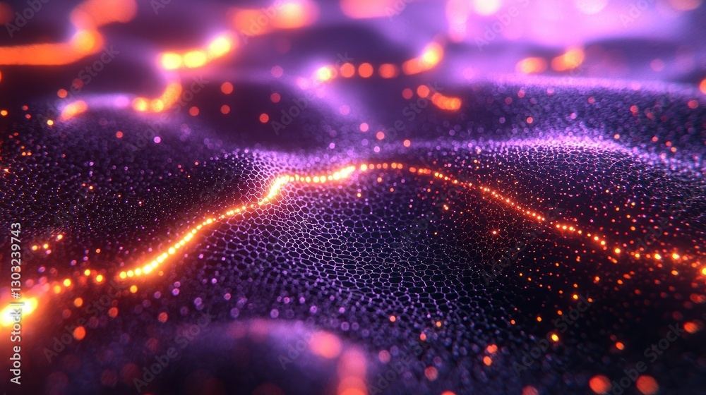 Fototapeta premium Abstract digital particles flowing, vibrant colors, glowing lines, textured background