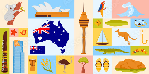 Vector illustration presenting key symbols of Australian culture, wildlife, and famous landmarks. Reflects Australia national identity and heritage.