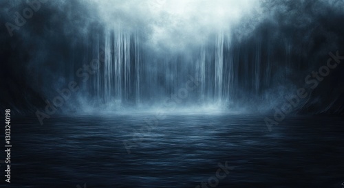 Misty waterfall scene in dark forest. Possible use Background for fantasy or horror themed projects