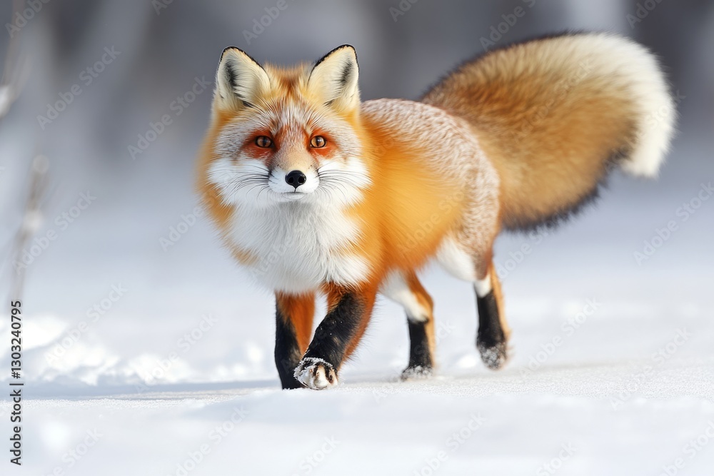 Fototapeta premium Wild red fox walking on snow in its natural habitat during wintertime