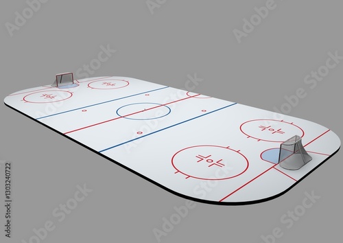 Hockey rink for playing hockey with goals on both sides. 3D render illustration.