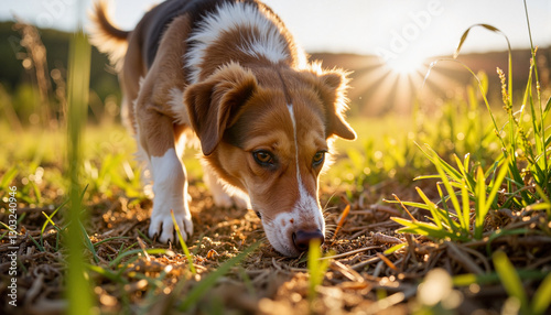 Conservation dog sniffing scent trail in morning light, wildlife tracking