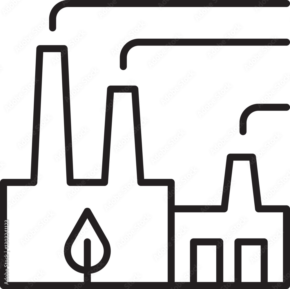 Industrial factory with smokestacks and leaf sy... line icon Industrial factory with smokestacks and leaf sy... line icon