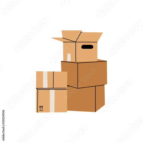 Cardboard boxes. Stacked box piles. Cargo warehouse stack. Delivery and moving container. Hand drawn package heap, carton mailboxes. Parcel cartoon flat isolated vector illustration composition set