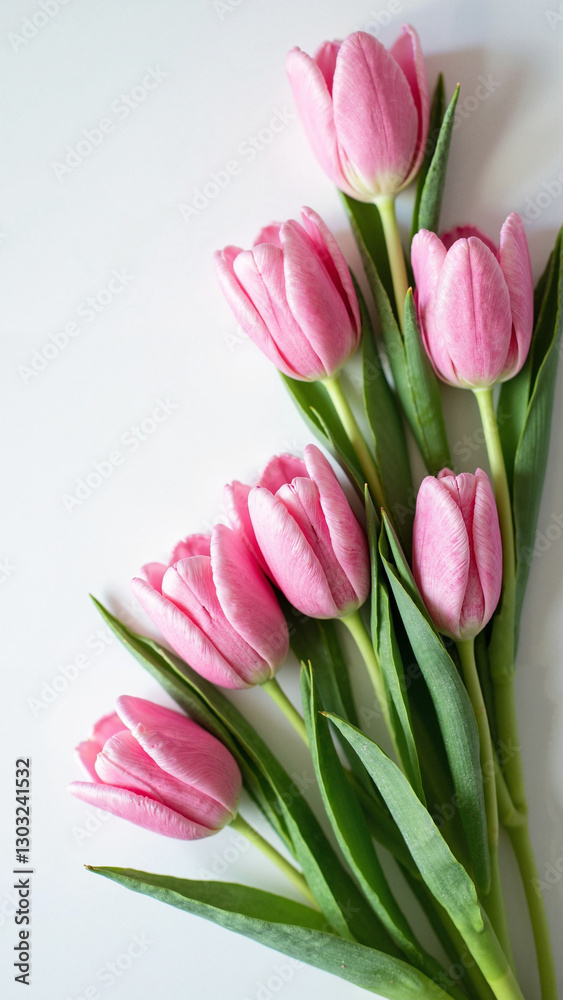 Elegant Pink Tulips Flat Lay on White Background | Perfect for Valentine's Day, Mother's Day Cards, Floral Marketing, and Gift Promotions Elegant Pink Tulips Flat Lay on White Background | Perfect for Valentine's Day, Mother's Day Cards, Floral Marketing, and Gift Promotions