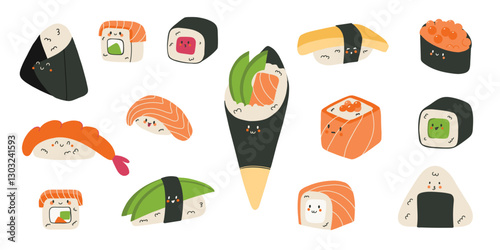 Kawaii japanese food. Rolls and sushi characters, emoji asian cuisine , rice and salmon in seaweed, mascot happy emotions, stickers collection, cartoon flat isolated illustration vector isolated set