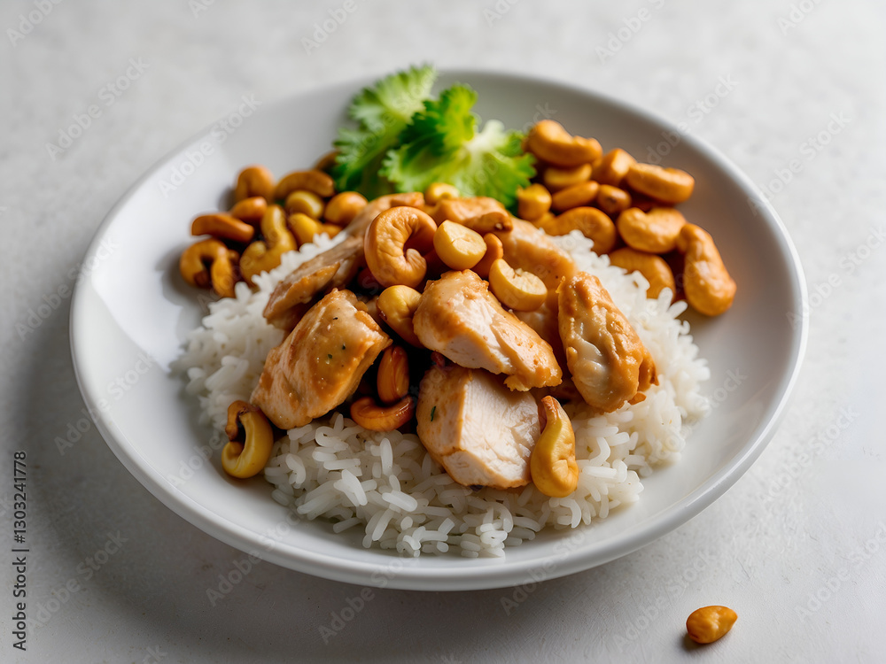 white plate of chicken sauted cashew nuts and rice on white background white plate of chicken sauted cashew nuts and rice on white background
