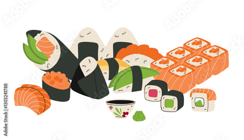 Sushi set. Japanese food. Rice and salmon fish. Seafood restaurant menu. Different type Maki, nigiri and sashimi. Temaki and gunkan. Asian cuisine. Vector cartoon flat style isolated illustration