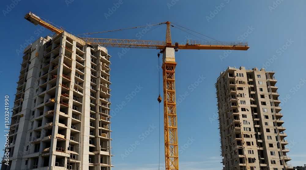 A large construction site with a towering yellow crane lifting materials for an ongoing high rise building development project against a bright blue sky with fluffy white clouds .generative.ai A large construction site with a towering yellow crane lifting materials for an ongoing high rise building development project against a bright blue sky with fluffy white clouds .generative.ai