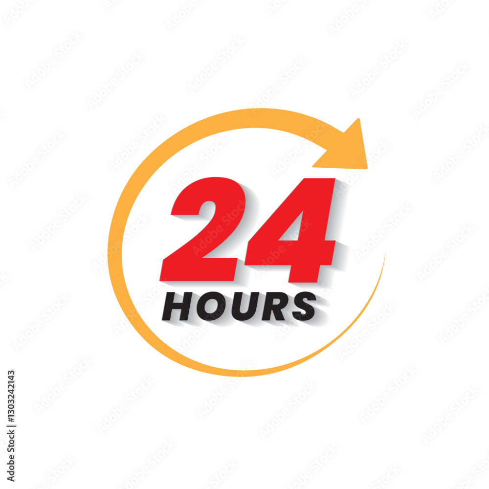 Fototapeta premium 24 Hours Service 24/7 available logotype symbol vector illustration typography 24 hr service with circle arrow showing 24 hr clock time isolated