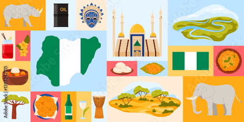 Collage highlighting Nigeria cultural symbols, landmarks, and traditional food. A vibrant representation of Nigeria diverse heritage and landscapes, vector illustration.