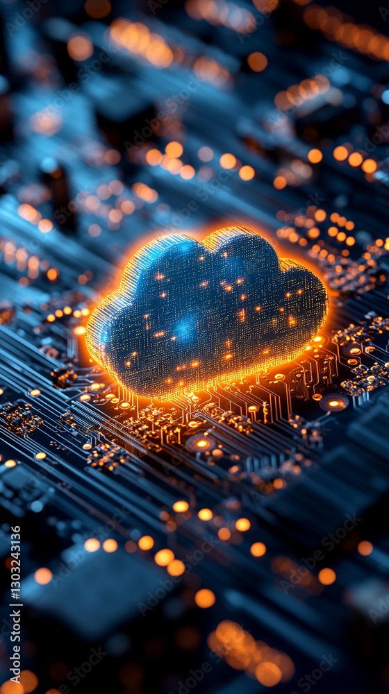 Fototapeta premium A glowing cloud icon on a circuit board represents cloud computing, digital connectivity, and IAM roles, symbolizing data security, access control, and modern technology infrastructure