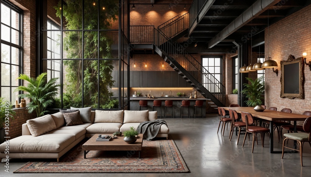Fototapeta premium Industrial Loft Apartment Interior Design with Modern Furniture and Plants