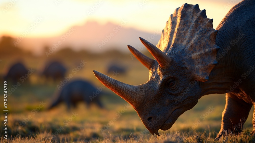 Obraz premium Triceratops grazing at sunset