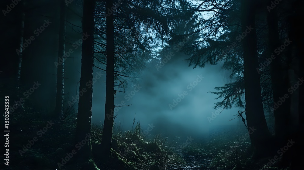 Fototapeta premium A foggy forest scene with tall trees and ethereal atmosphere is shown