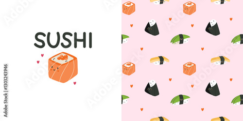 Kawaii japanese food seamless pattern. Rolls and sushi characters, emoji asian, rice and salmon, mascot emotions. Textile, wrapping, wallpaper. Print for fabric cartoon flat isolated vector background