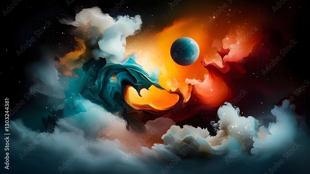 Obraz premium Surreal abstract dreamscape with organic fractal motifs shimmering holographic distortions kaleidoscopic color spectrums pulsating energy tendrils and hypnotic psychedelic visuals