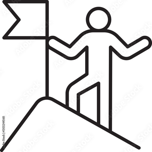 Person planting flag on mountain peak line icon