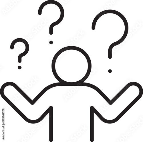 Confused person with question marks around line icon