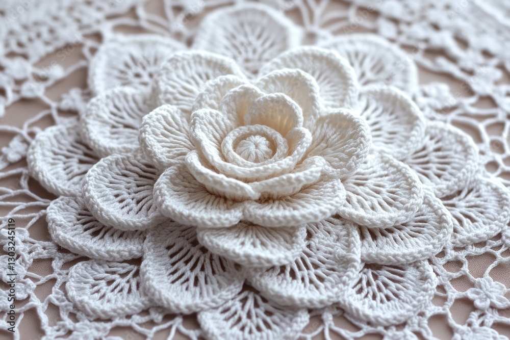 Obraz premium Close-up of handmade crocheted flower, showcasing intricate needlework and delicate design