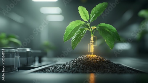 Striking image of a lush verdant plant with intricate circuit boards and glowing luminous veins thriving under the light of a laboratory setting
