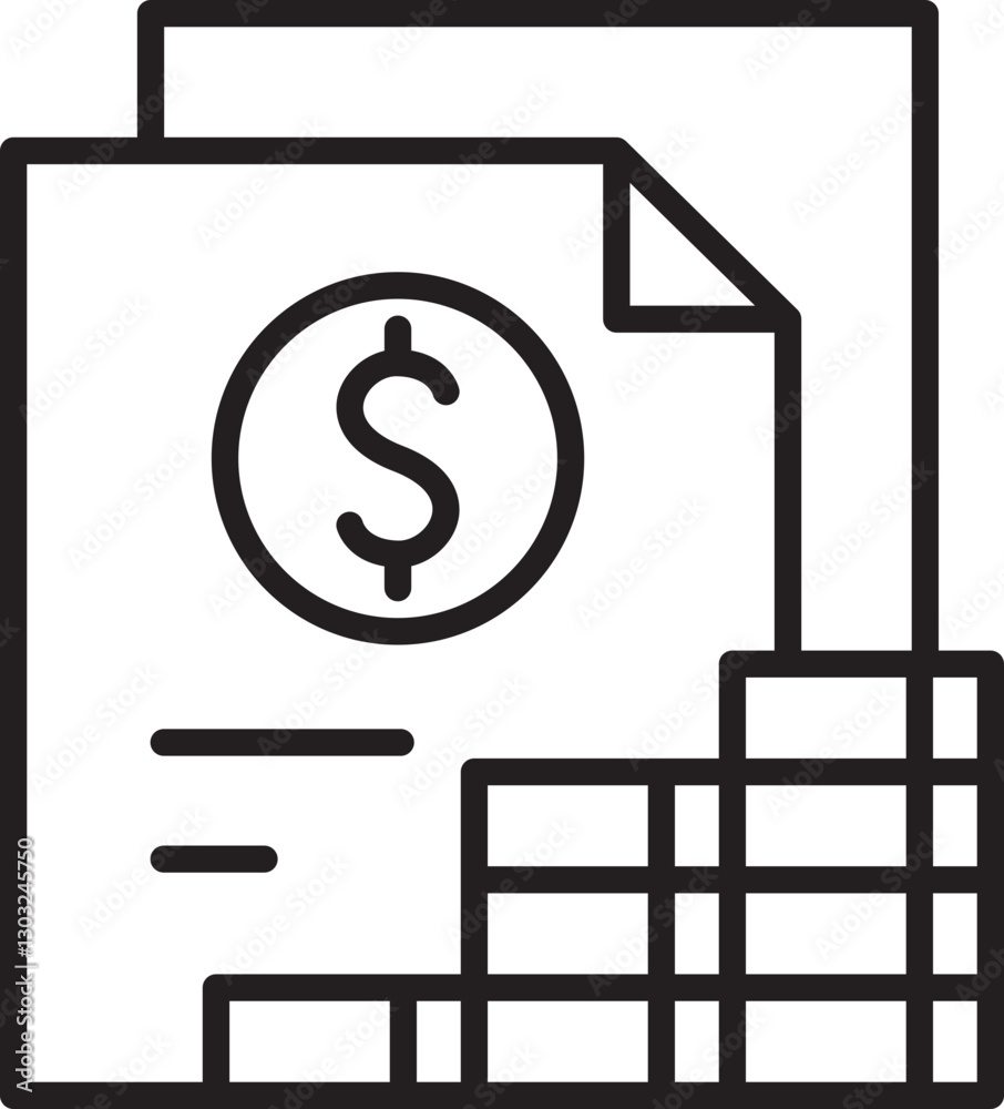 Financial documents and cash stacks illustration line icon Financial documents and cash stacks illustration line icon