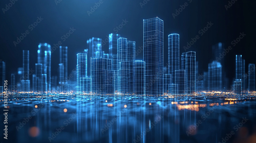Obraz premium A 3D-rendered futuristic castle glows vibrantly against a dark blue backdrop, symbolizing security, innovation, and digital strength. Its sleek, modern design blends architecture with technology