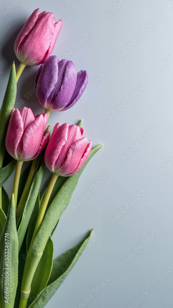 Elegant Pink and Violet Tulips on Light Gray Background with Copy Space | Perfect for Mother's Day Marketing and Floral Advertisements Elegant Pink and Violet Tulips on Light Gray Background with Copy Space | Perfect for Mother's Day Marketing and Floral Advertisements
