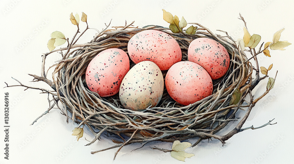 Watercolor drawing of bird eggs in a nest. Watercolor drawing of bird eggs in a nest.